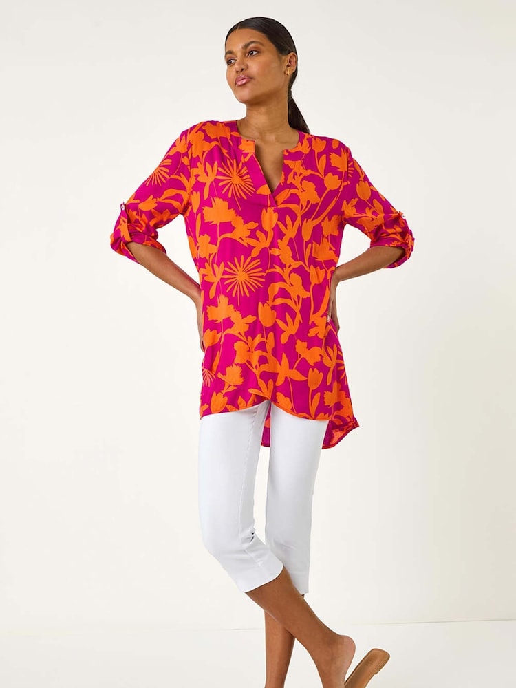 Roman Pink Bolt Floral Print Pleat Front Top - Image 2 of 5