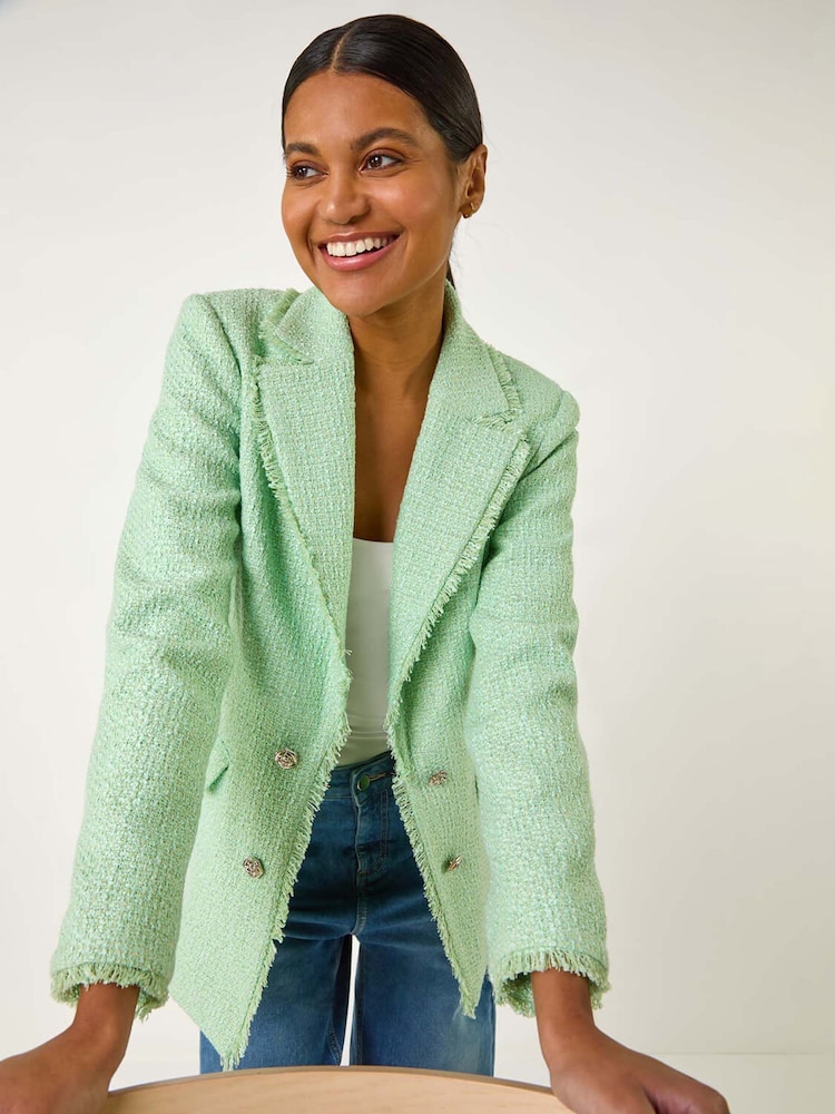 Roman Green Textured Frayed Edge Boucle Button Jacket - Image 1 of 5