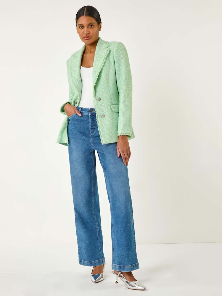 Roman Green Textured Frayed Edge Boucle Button Jacket - Image 2 of 5