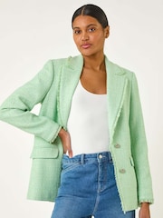 Roman Green Textured Frayed Edge Boucle Button Jacket - Image 4 of 5