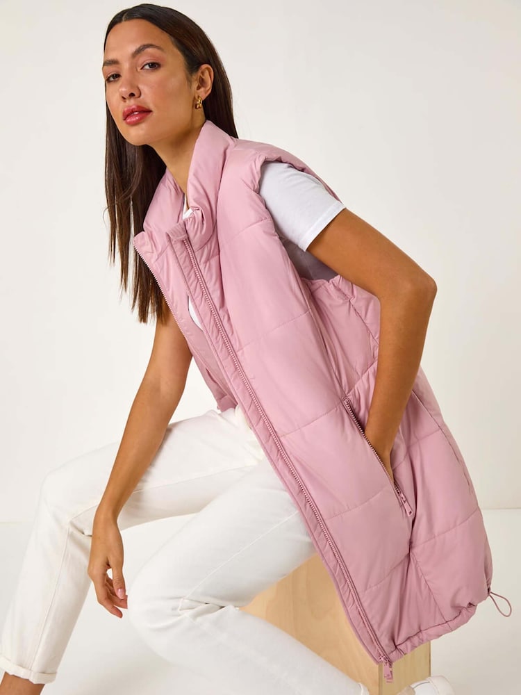 Roman Pink Quilted Zip Detail Longline Gilet - Image 1 of 5
