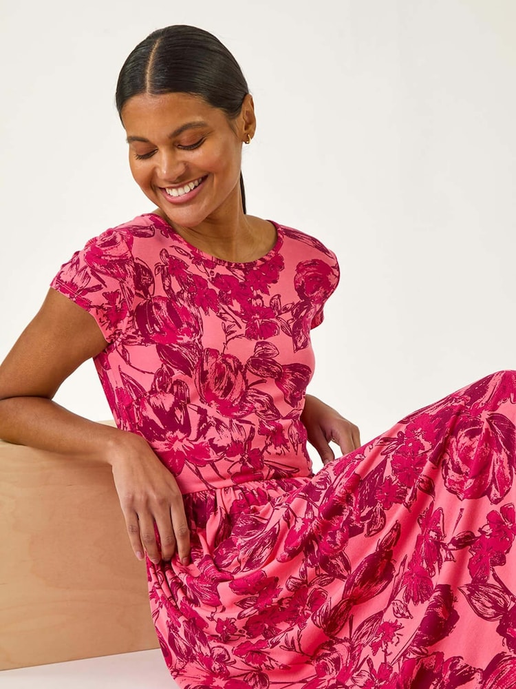 Roman Pink Floral Print Pocket Midi Dress - Image 2 of 5