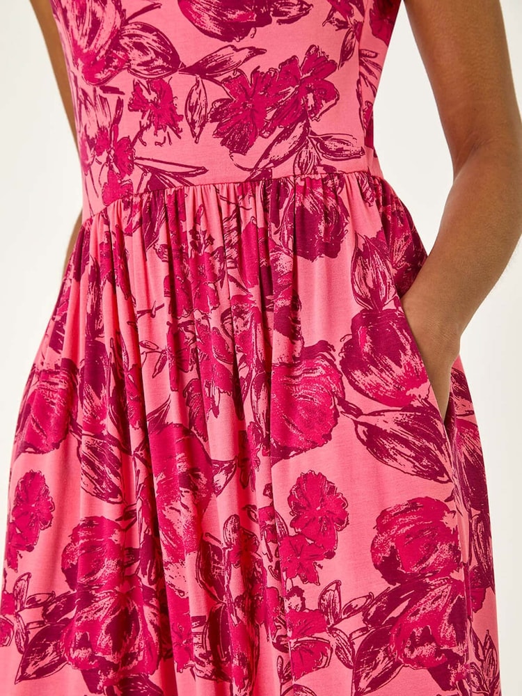 Roman Pink Floral Print Pocket Midi Dress - Image 5 of 5