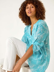 Roman Blue Chrome Floral Print Pleat Front Top - Image 1 of 5