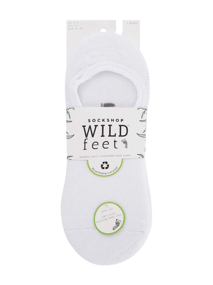 Wild Feet White Bamboo Super Low Cut Trainer Liners Socks 5 Pack with Heel Grip - Image 10 of 10