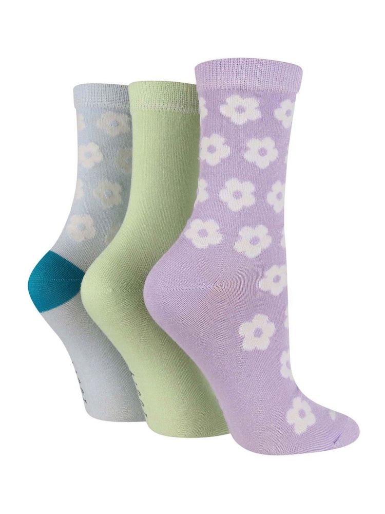 Wild Feet Purple Bamboo Flower Crew Socks 3 Pack - Image 1 of 3