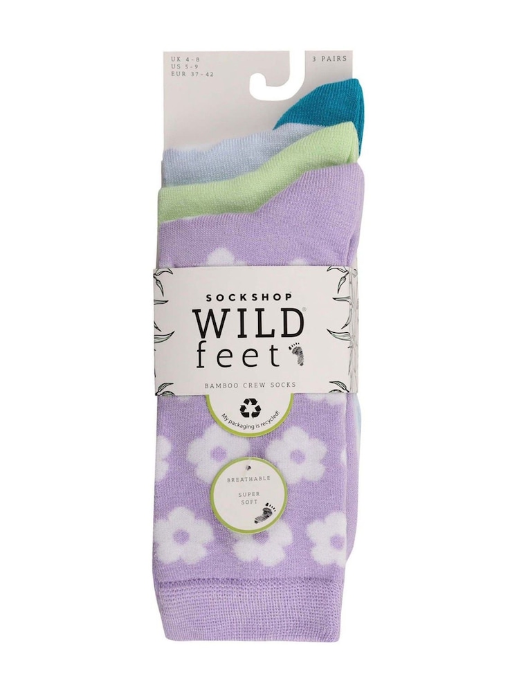 Wild Feet Purple Bamboo Flower Crew Socks 3 Pack - Image 2 of 3