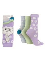 Wild Feet Purple Bamboo Flower Crew Socks 3 Pack - Image 3 of 3