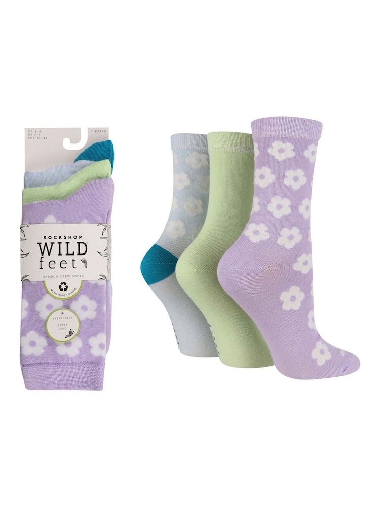 Wild Feet Purple Bamboo Flower Crew Socks 3 Pack - Image 3 of 3