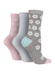 Wild Feet Grey Bamboo Flower Crew Socks 3 Pack - Image 1 of 3