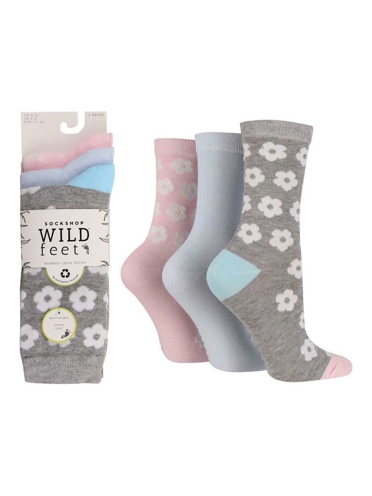 Wild Feet Grey Bamboo Flower Crew Socks 3 Pack - Image 2 of 3