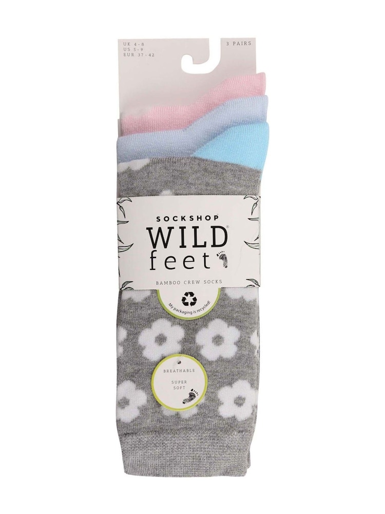 Wild Feet Grey Bamboo Flower Crew Socks 3 Pack - Image 3 of 3