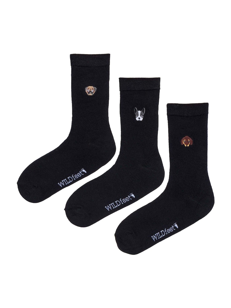 Wild Feet Black White Bamboo Embroidered Crew Socks - Image 1 of 7
