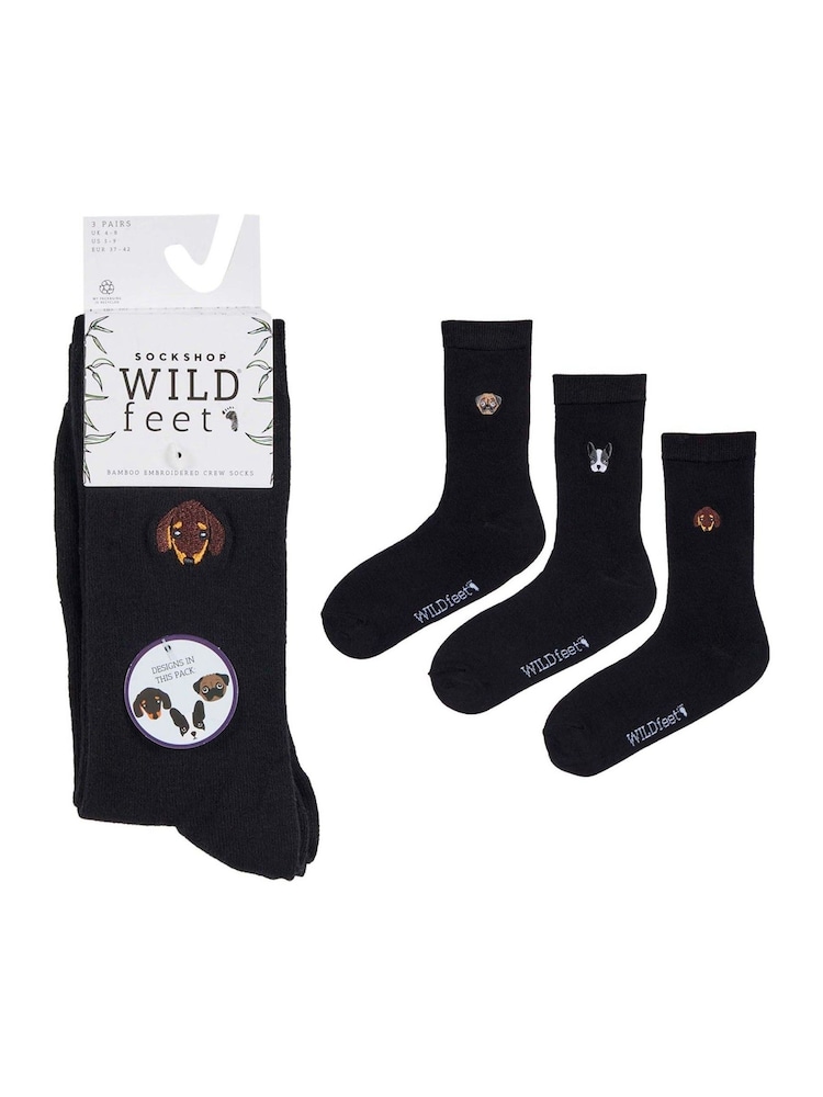Wild Feet Black White Bamboo Embroidered Crew Socks - Image 2 of 7