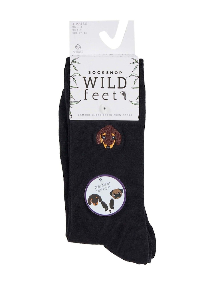 Wild Feet Black White Bamboo Embroidered Crew Socks - Image 7 of 7