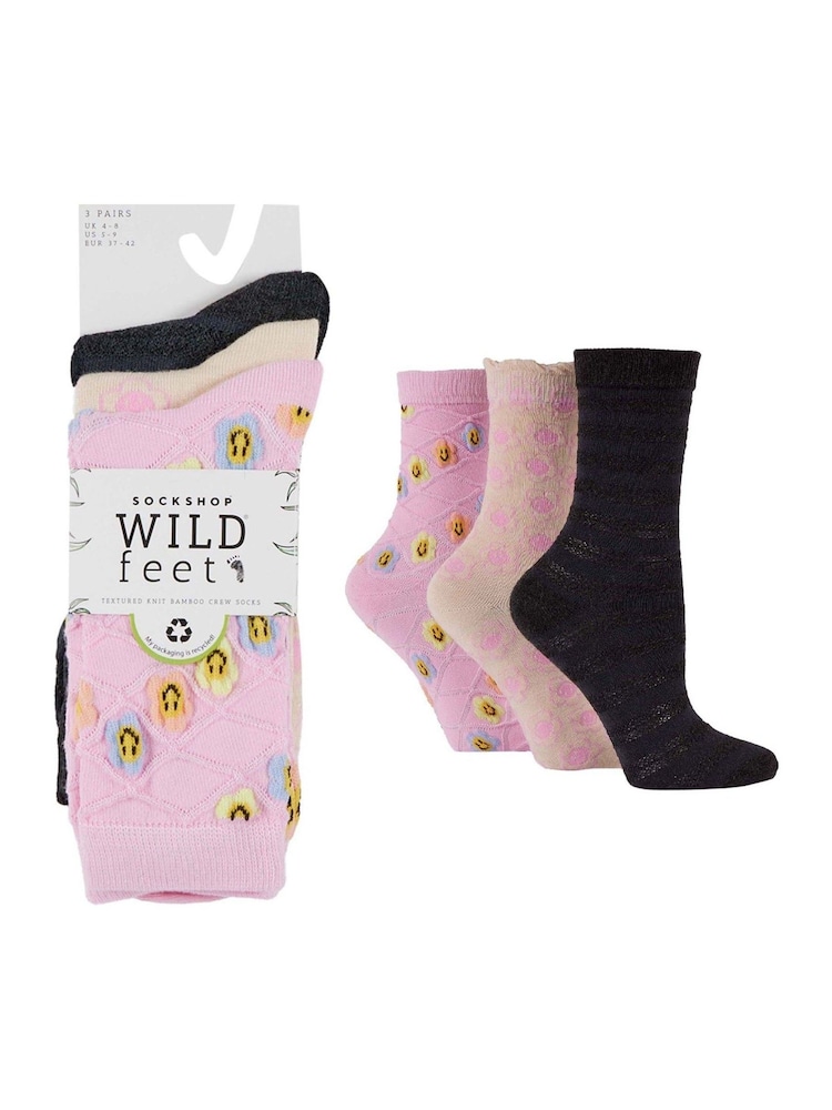 Wild Feet Pink Bamboo Textured Detail Crew Socks - Image 5 of 7