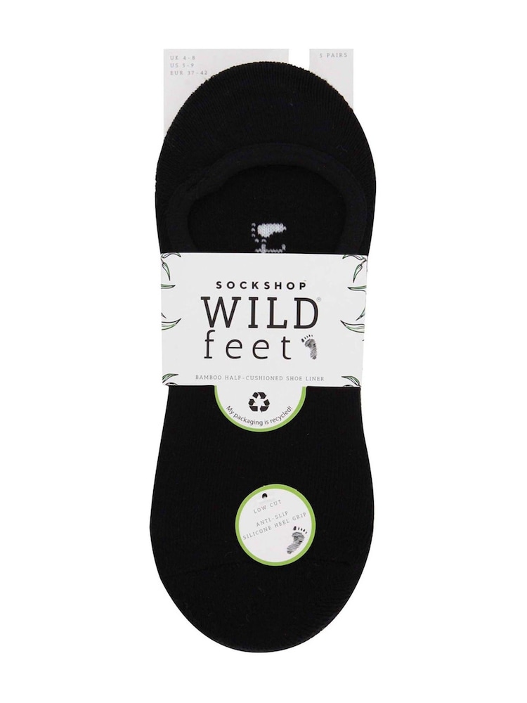 Wild Feet Black Bamboo Super Low Cut Trainer Liners Socks 5 Pack with Heel Grip - Image 10 of 10