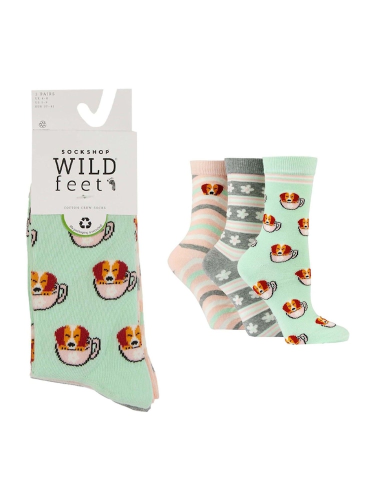 Wild Feet Green Novelty Jacquard Crew Socks 3 Pack - Image 4 of 7