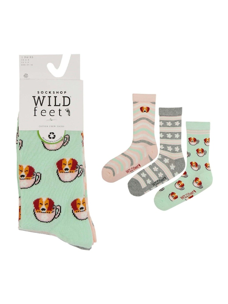 Wild Feet Green Novelty Jacquard Crew Socks 3 Pack - Image 5 of 7