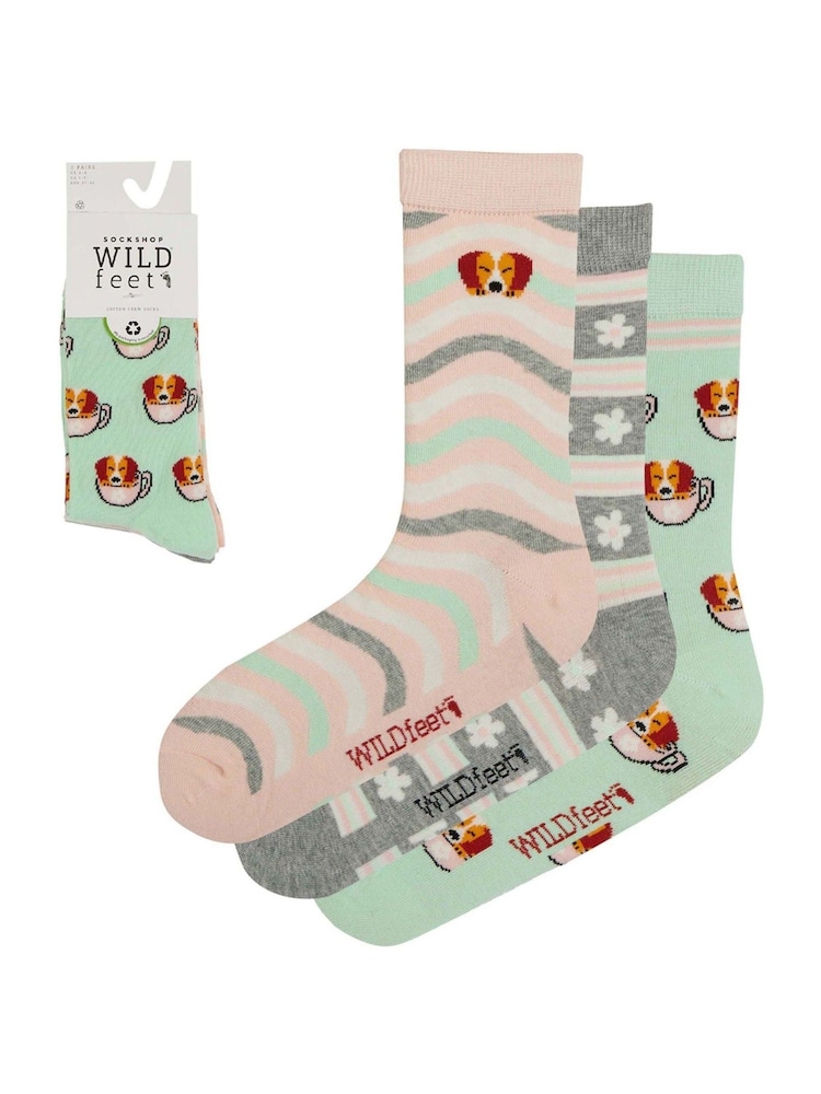 Wild Feet Green Novelty Jacquard Crew Socks 3 Pack - Image 6 of 7