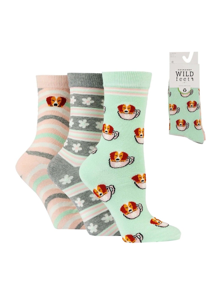 Wild Feet Green Novelty Jacquard Crew Socks 3 Pack - Image 7 of 7