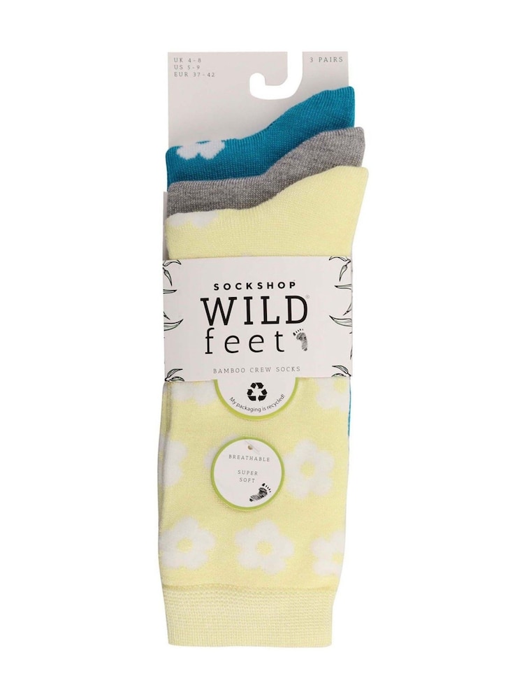 Wild Feet Yellow Bamboo Flower Crew Socks 3 Pack - Image 3 of 3
