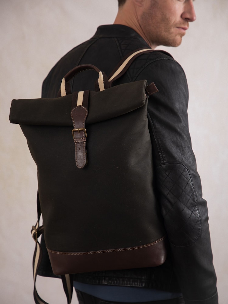 Lakeland Leather Dark Green Waxed Walton Rolltop Backpack - Image 8 of 8