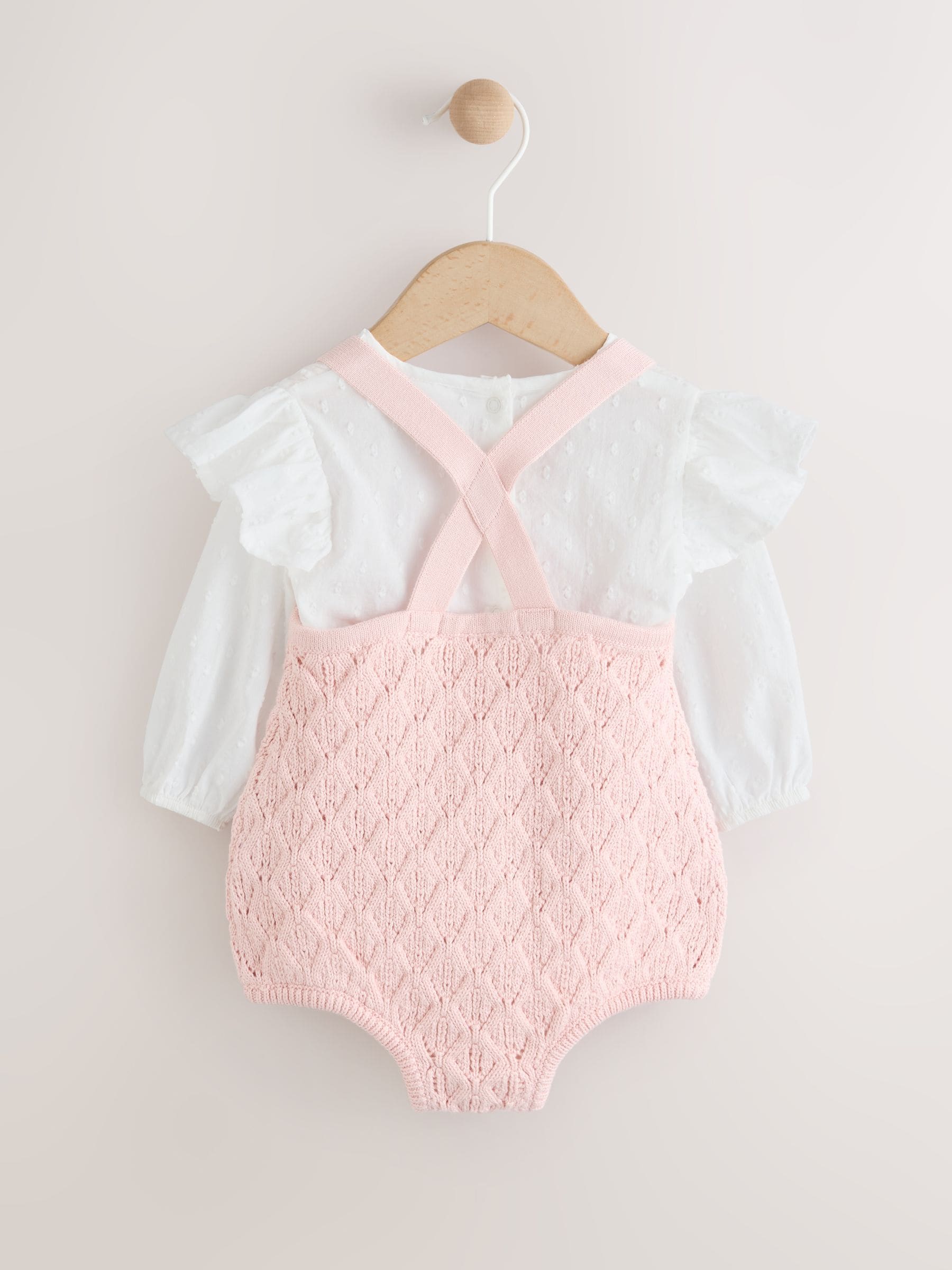 Buy Pink/ White Baby Romper and Knitted Dungarees with Tights 3