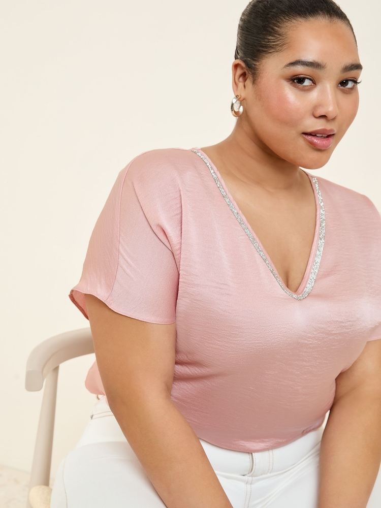 Friends Like These Pale Pink Curve V-Neck Diamante Trim Short Sleeve Blouse - Image 1 of 4
