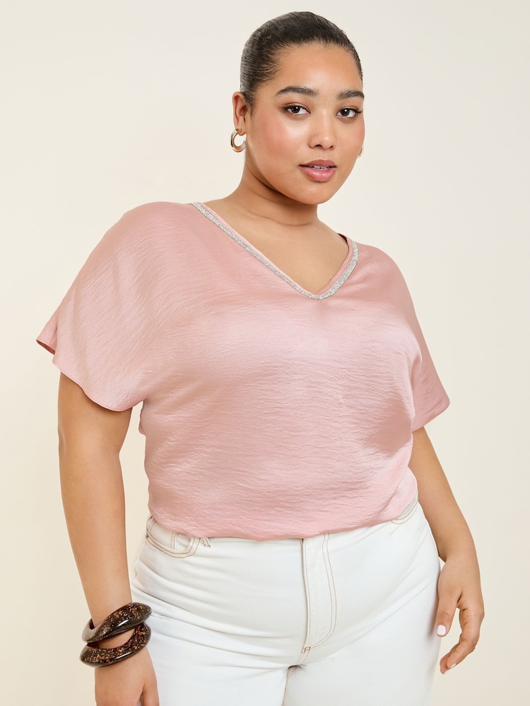 Friends Like These Pale Pink Curve V-Neck Diamante Trim Short Sleeve Blouse - Image 2 of 4
