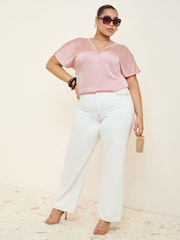 Friends Like These Pale Pink Curve V-Neck Diamante Trim Short Sleeve Blouse - Image 3 of 4