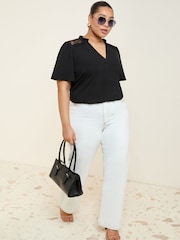 Friends Like These Black Curve Short Sleeve Lace Notch Neck Blouse - Image 1 of 4