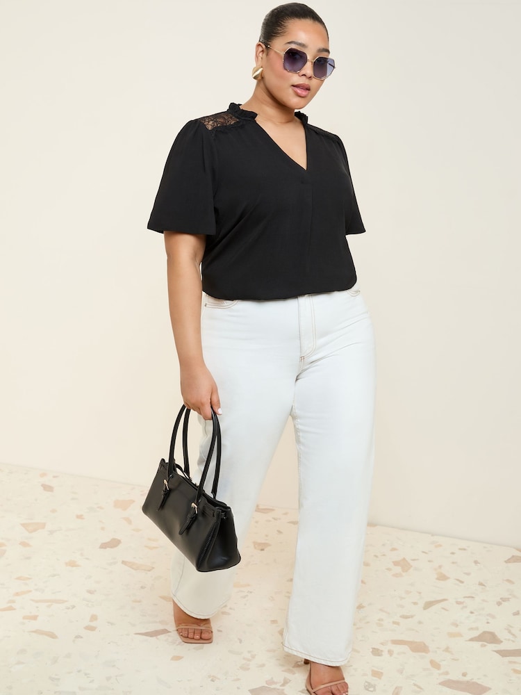 Friends Like These Black Curve Short Sleeve Lace Notch Neck Blouse - Image 1 of 4