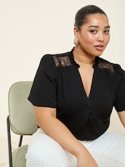 Friends Like These Black Curve Short Sleeve Lace Notch Neck Blouse - Image 2 of 4