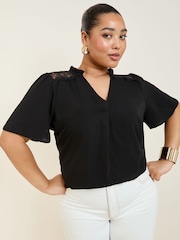 Friends Like These Black Curve Short Sleeve Lace Notch Neck Blouse - Image 3 of 4