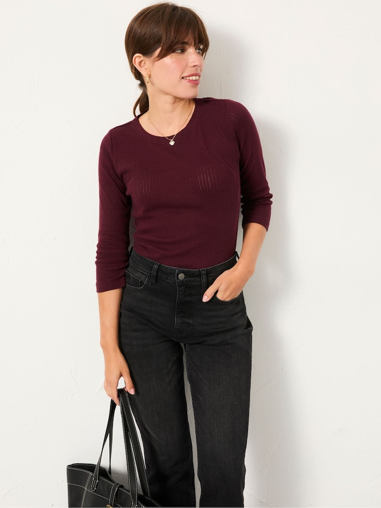 FatFace Callie Burgundy Pointelle 3/4 Sleeve T Shirt - Image 1 of 5 FatFace Callie Burgundy Pointelle 3/4 Sleeve T Shirt - Image 1 of 5