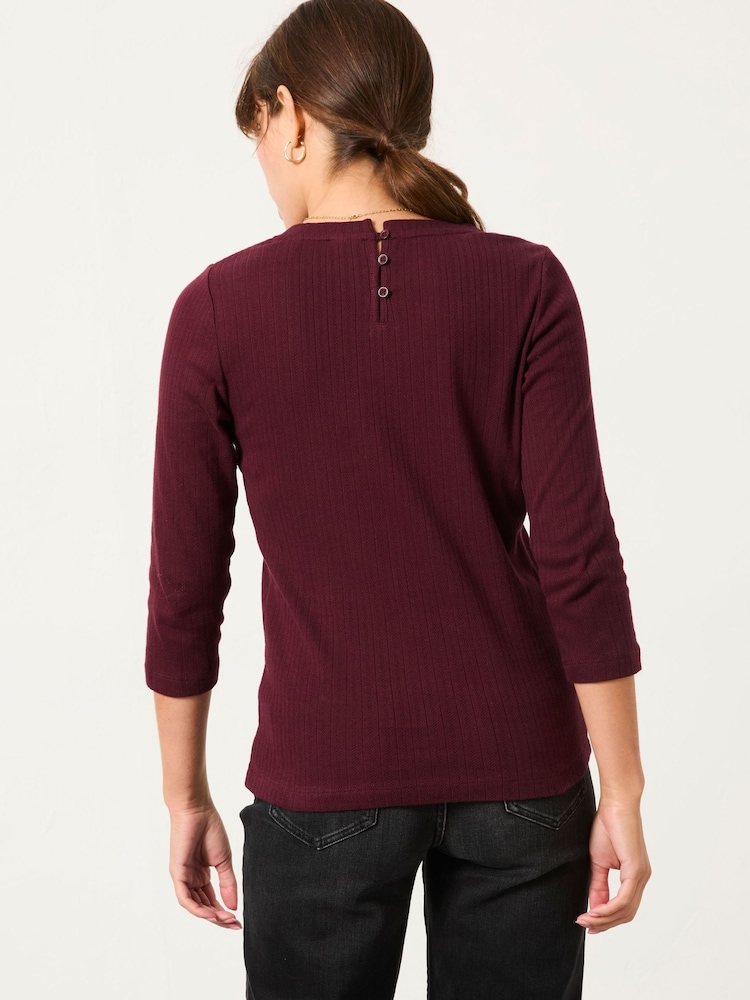 FatFace Callie Burgundy Pointelle 3/4 Sleeve T Shirt - Image 2 of 5 FatFace Callie Burgundy Pointelle 3/4 Sleeve T Shirt - Image 2 of 5