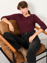 FatFace Callie Burgundy Pointelle 3/4 Sleeve T Shirt - Image 4 of 5