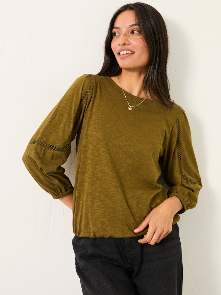 FatFace Cassie Olive Green Broderie Top - Image 1 of 6 FatFace Cassie Olive Green Broderie Top - Image 1 of 6