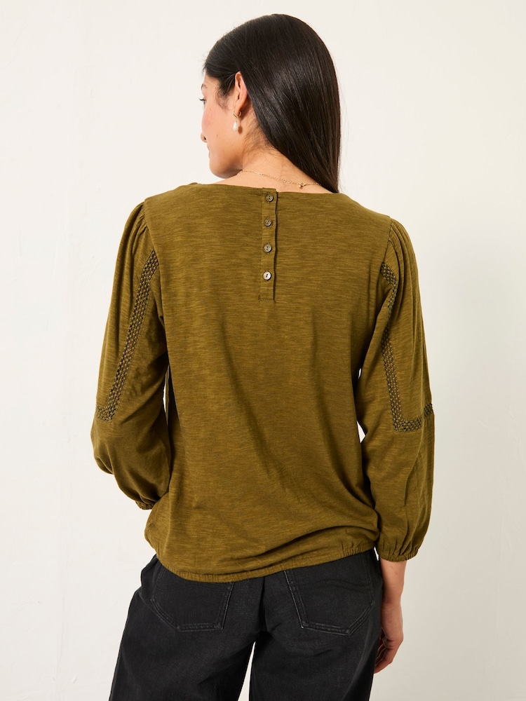 FatFace Cassie Olive Green Broderie Top - Image 2 of 6 FatFace Cassie Olive Green Broderie Top - Image 2 of 6