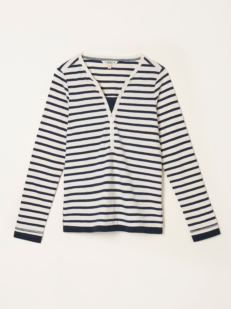 FatFace Blue Stripe Mock Henley Top - Image 1 of 6 FatFace Blue Stripe Mock Henley Top - Image 1 of 6