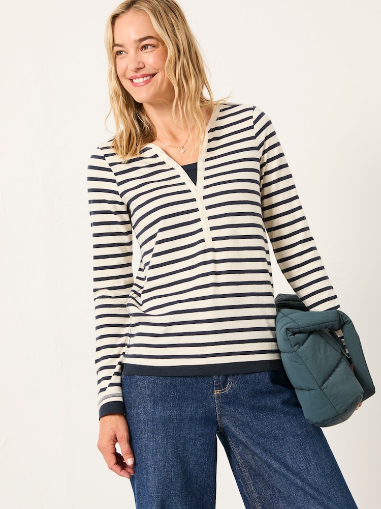 FatFace Blue Stripe Mock Henley Top - Image 2 of 6 FatFace Blue Stripe Mock Henley Top - Image 2 of 6
