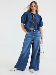 River Island Blue Denim Puff Sleeve 100% Cotton Shirt - Image 1 of 5