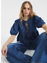 River Island Blue Denim Puff Sleeve 100% Cotton Shirt - Image 2 of 5