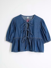 River Island Blue Denim Puff Sleeve 100% Cotton Shirt - Image 4 of 5