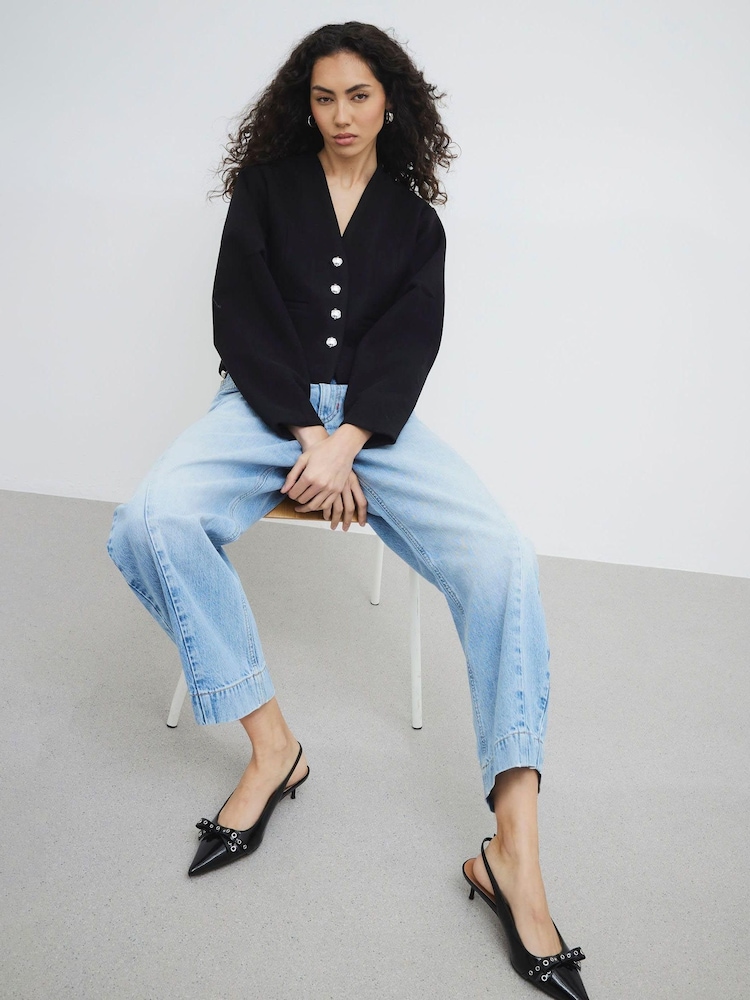River Island Black Collarless Button Up Jacket - Image 2 of 4