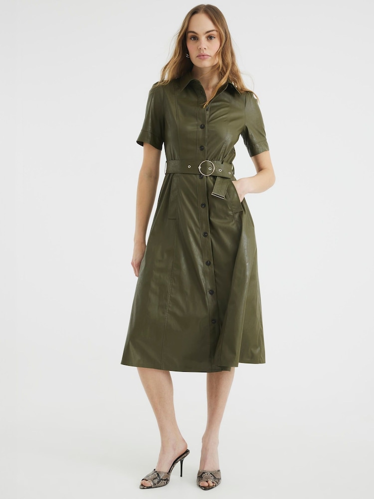 River Island Green Faux Leather Shirt Midi Dress - Image 1 of 5
