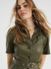 River Island Green Faux Leather Shirt Midi Dress - Image 3 of 5
