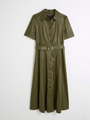 River Island Green Faux Leather Shirt Midi Dress - Image 4 of 5