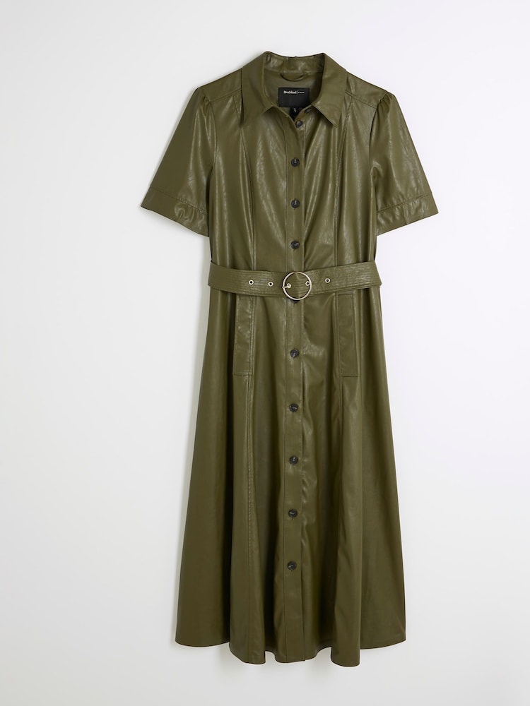 River Island Green Faux Leather Shirt Midi Dress - Image 4 of 5